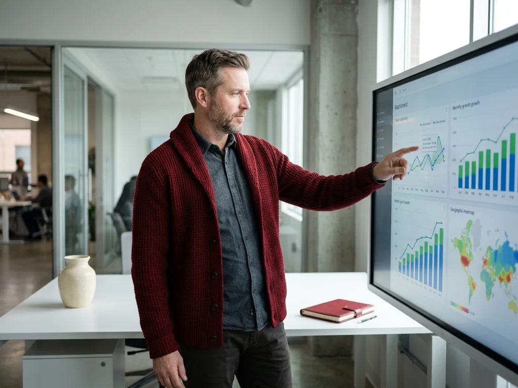 Expert analysant un tableau de bord pour optimiser la stratégie SEO sectorielle en trois étapes clés.